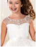Beaded Sheer Neck Ivory Tulle Flower Girl Dress